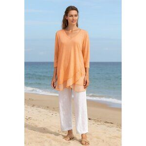 Soft Surroundings Tunic Top M Peach Asymmetrical Flowy Lagenlook Coastal Resort